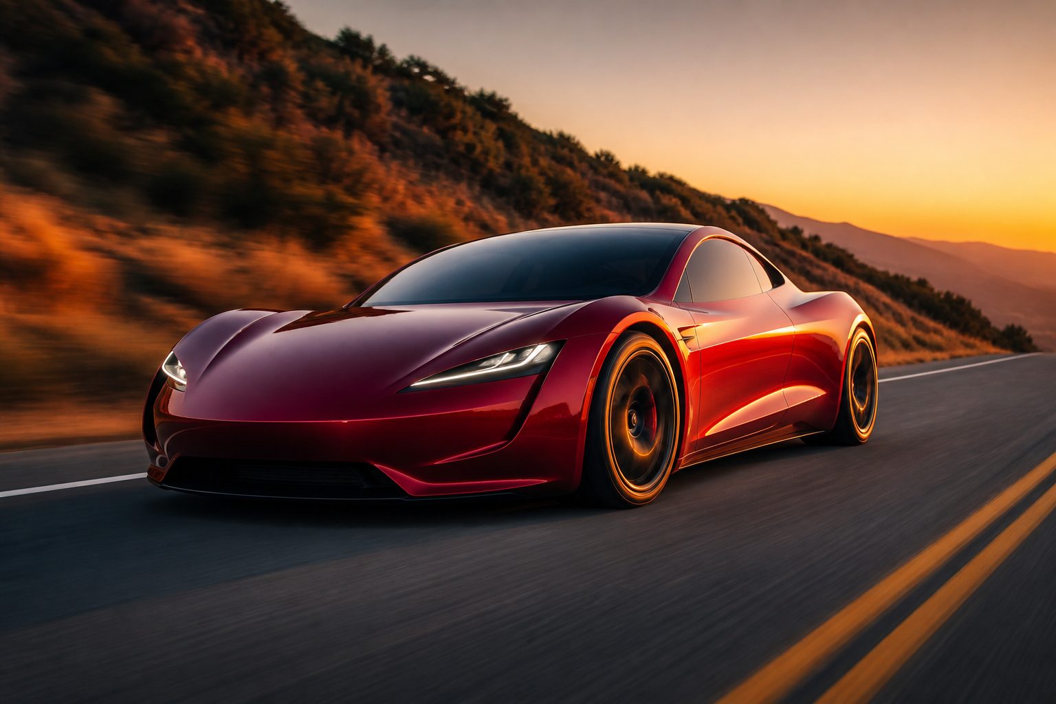 Illustration d'une supercar électrique de type Tesla Roadster sur route au coucher du soleil