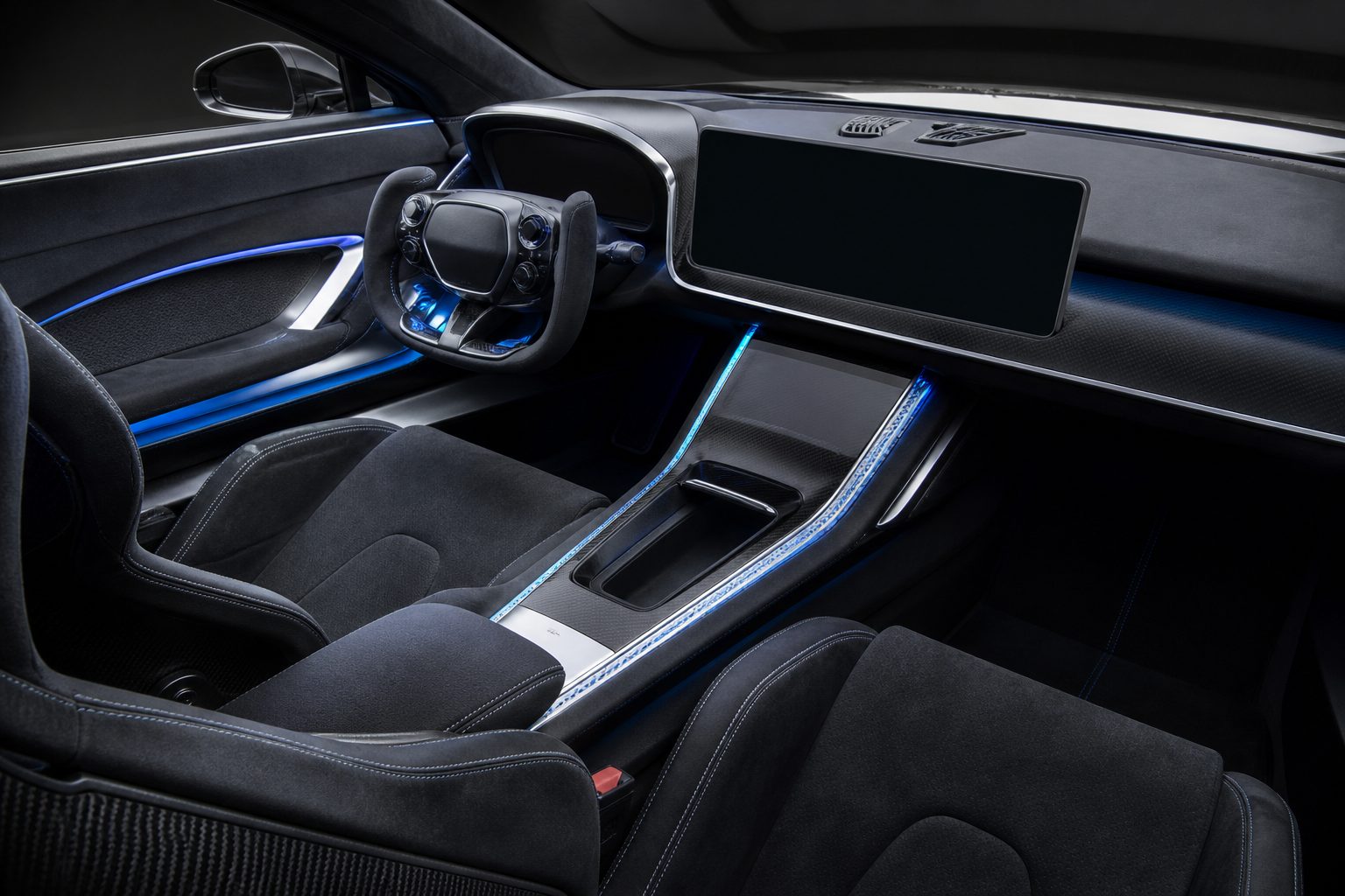 Illustration de l'habitacle futuriste d'une supercar électrique, écran tactile et sièges baquets