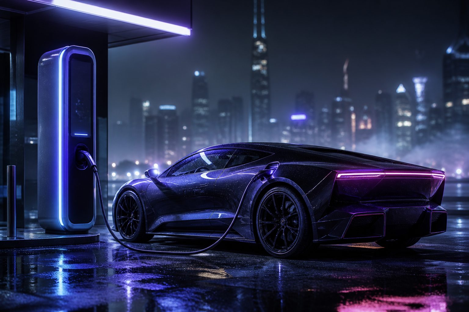 Illustration d'une supercar électrique en recharge de nuit dans un environnement urbain futuriste