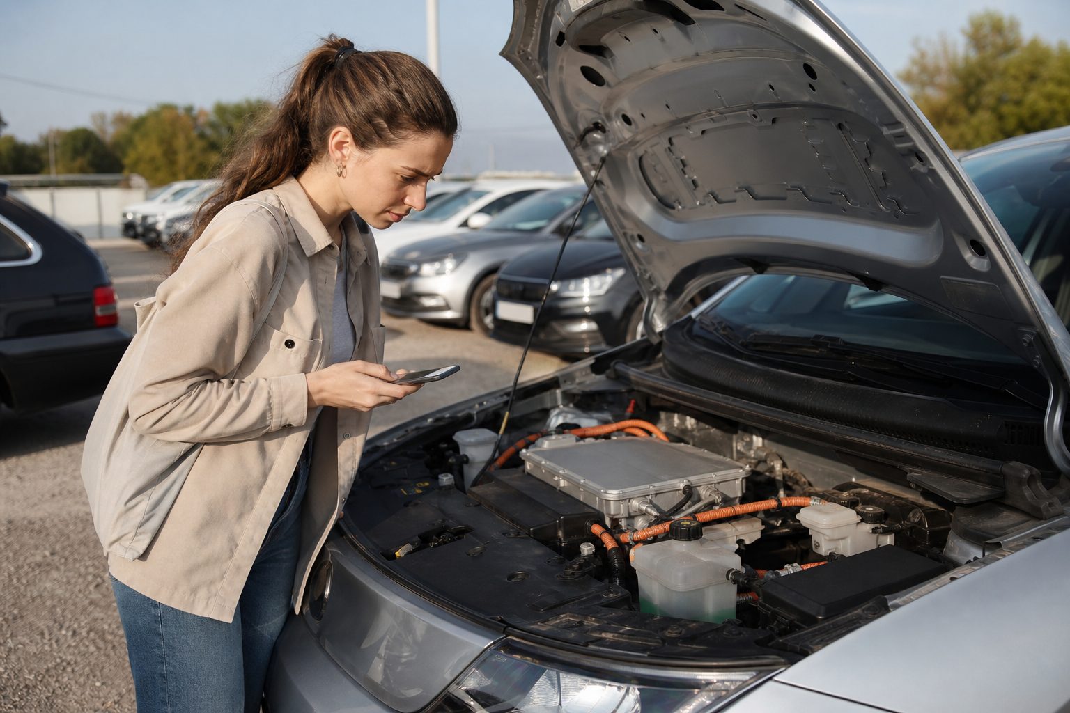 Personne inspectant une voiture électrique d'occasion chez un vendeur