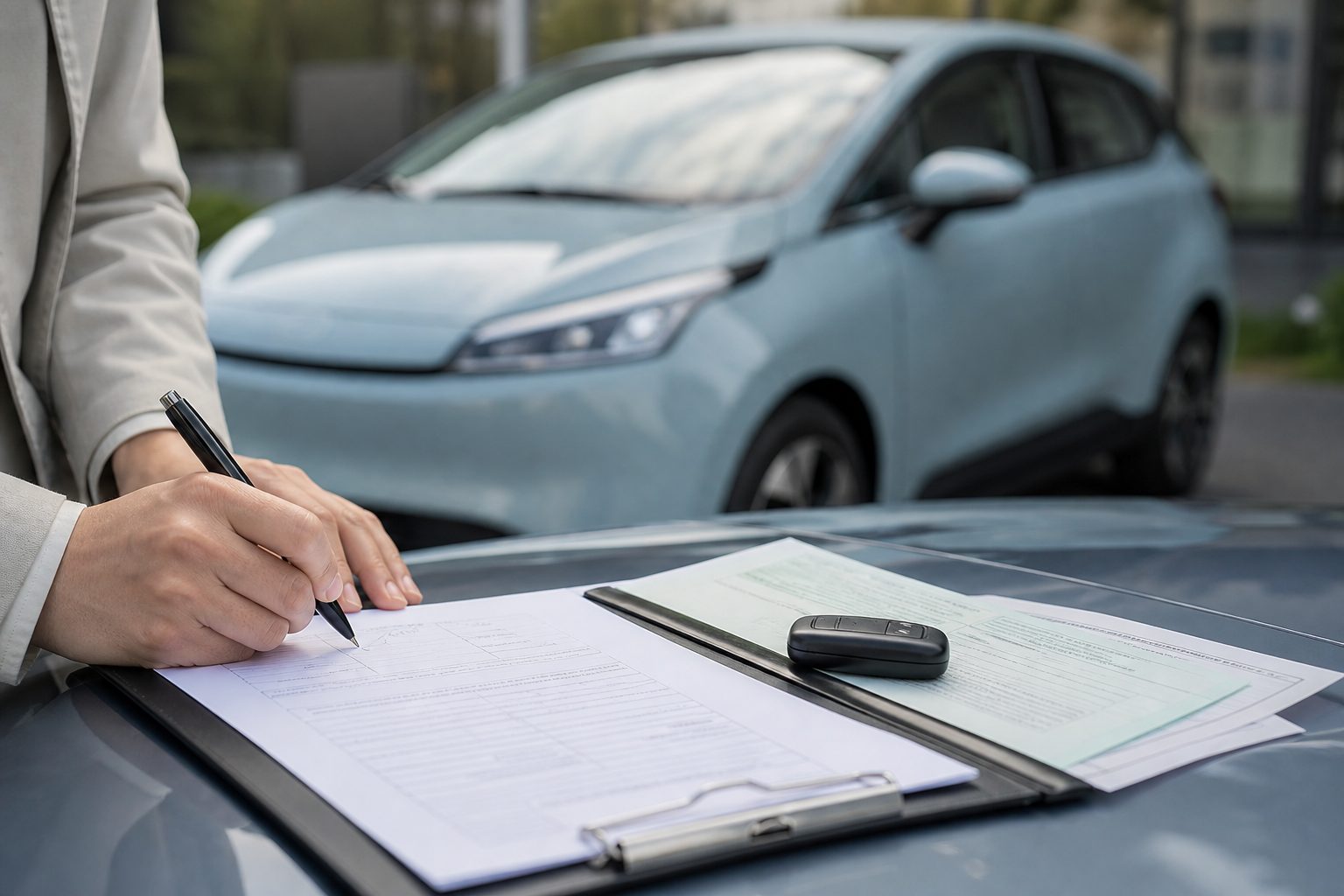 Signature des documents d'achat d'une voiture électrique d'occasion