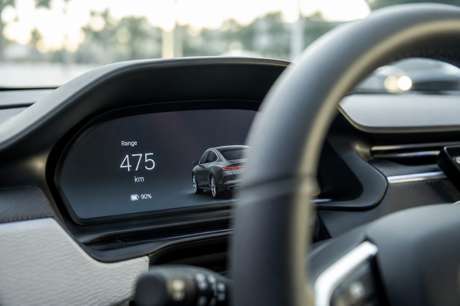 Tableau de bord d'une voiture électrique affichant l'autonomie restante