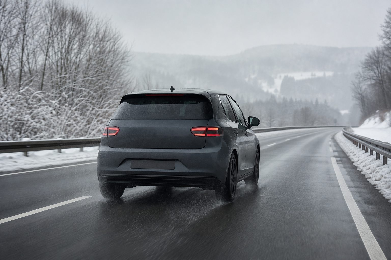 Voiture électrique roulant sur autoroute en conditions hivernales