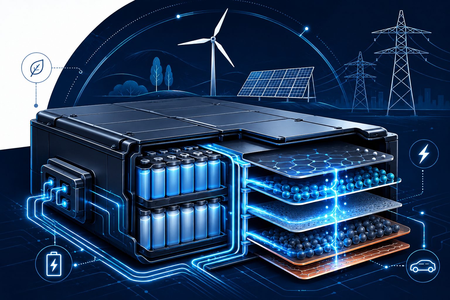 Batterie électrique LFP avec énergie renouvelable : panneaux solaires, éolien, réseau électrique