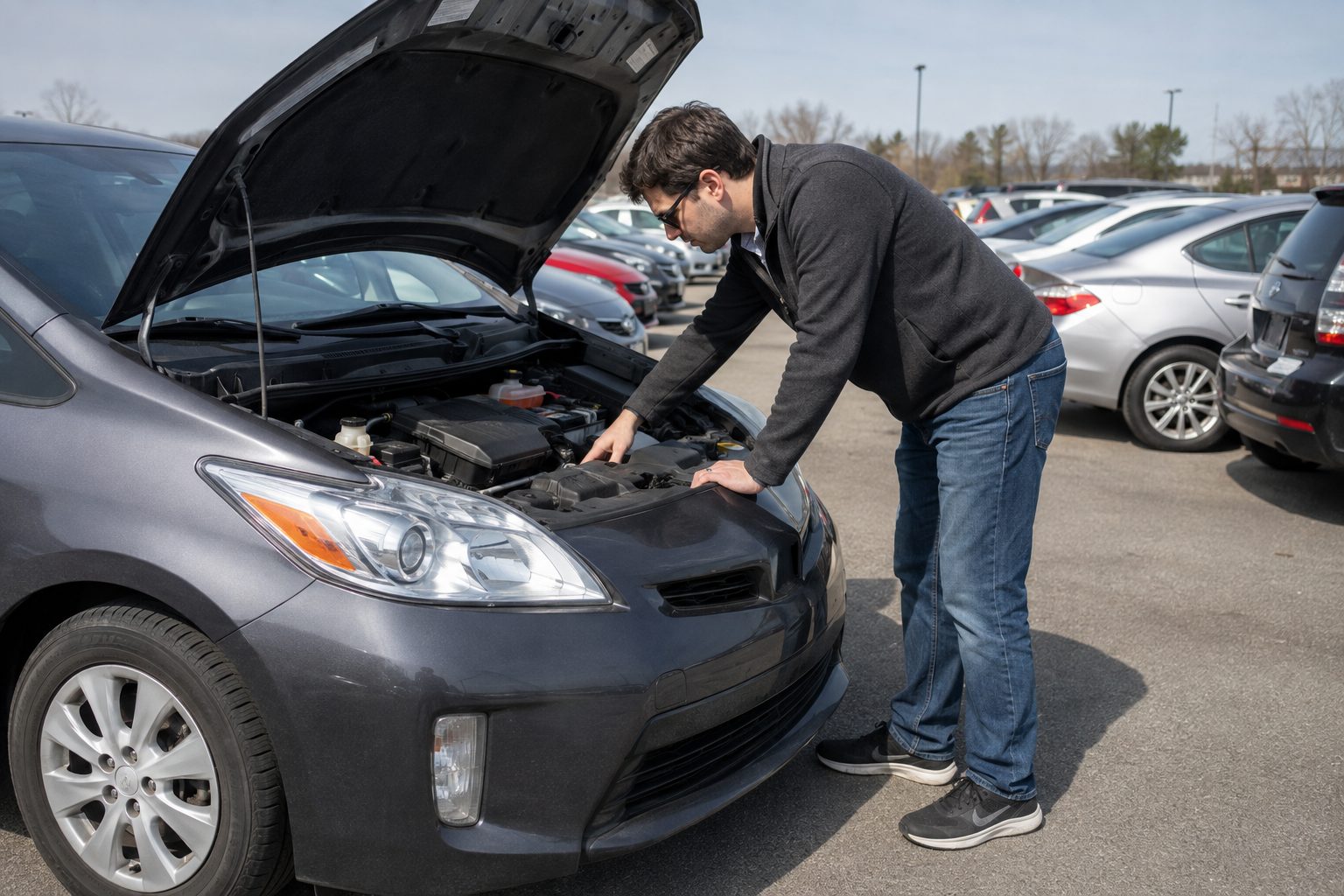 Acheteur inspectant le moteur d'une voiture hybride d'occasion avant l'achat sur un parking de concession
