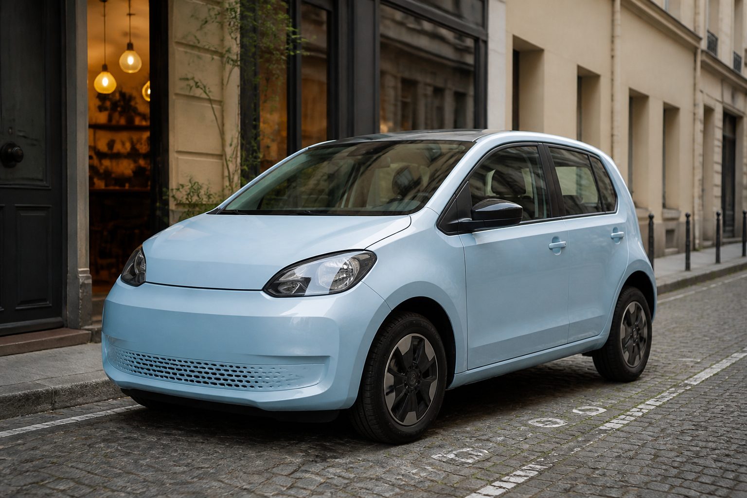 Petite voiture électrique citadine garée en ville
