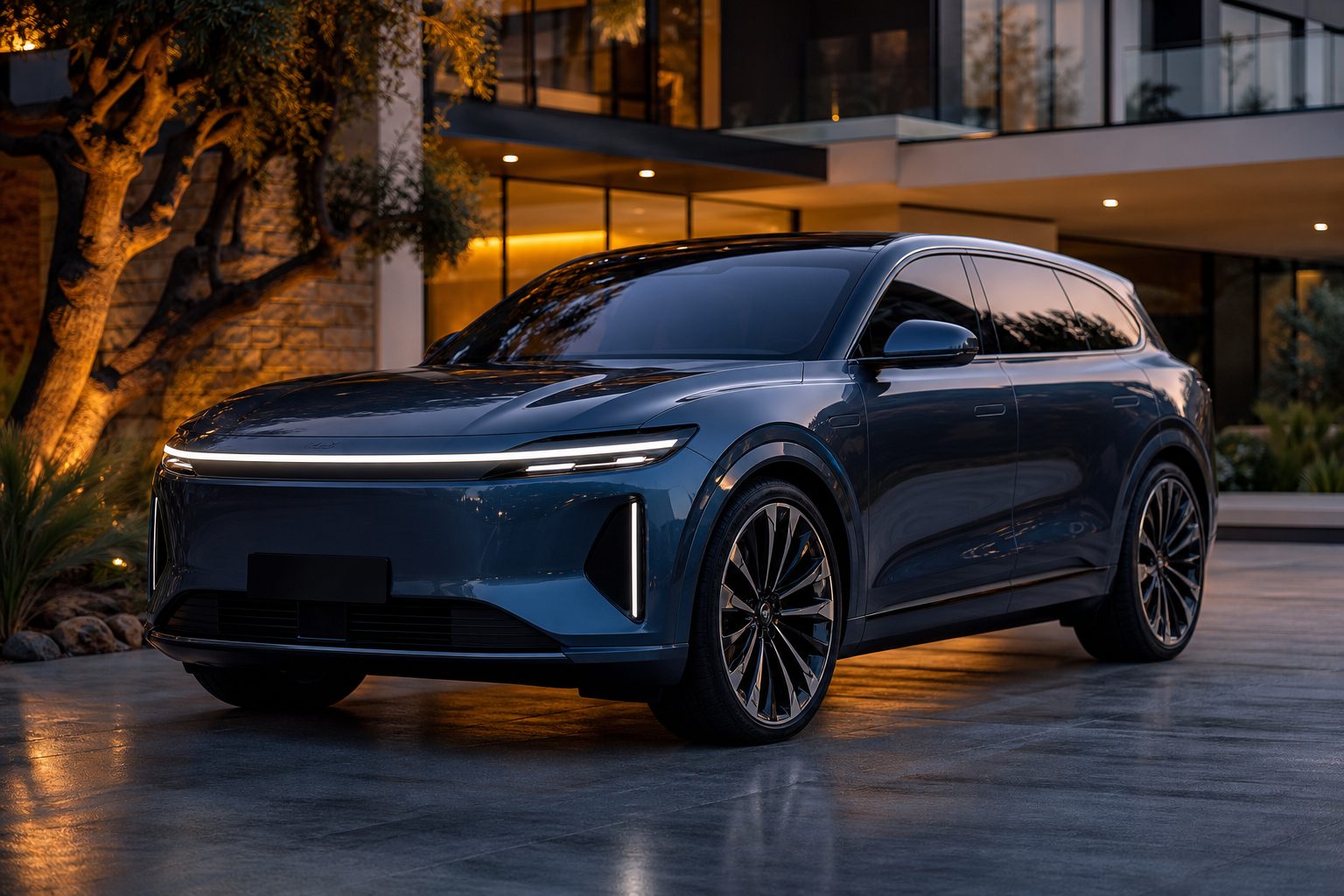 SUV électrique premium garé devant une maison moderne