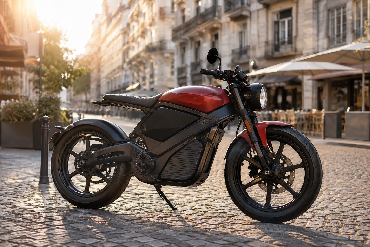 Moto électrique e-roadster de style café racer garée dans une rue pavée en ville