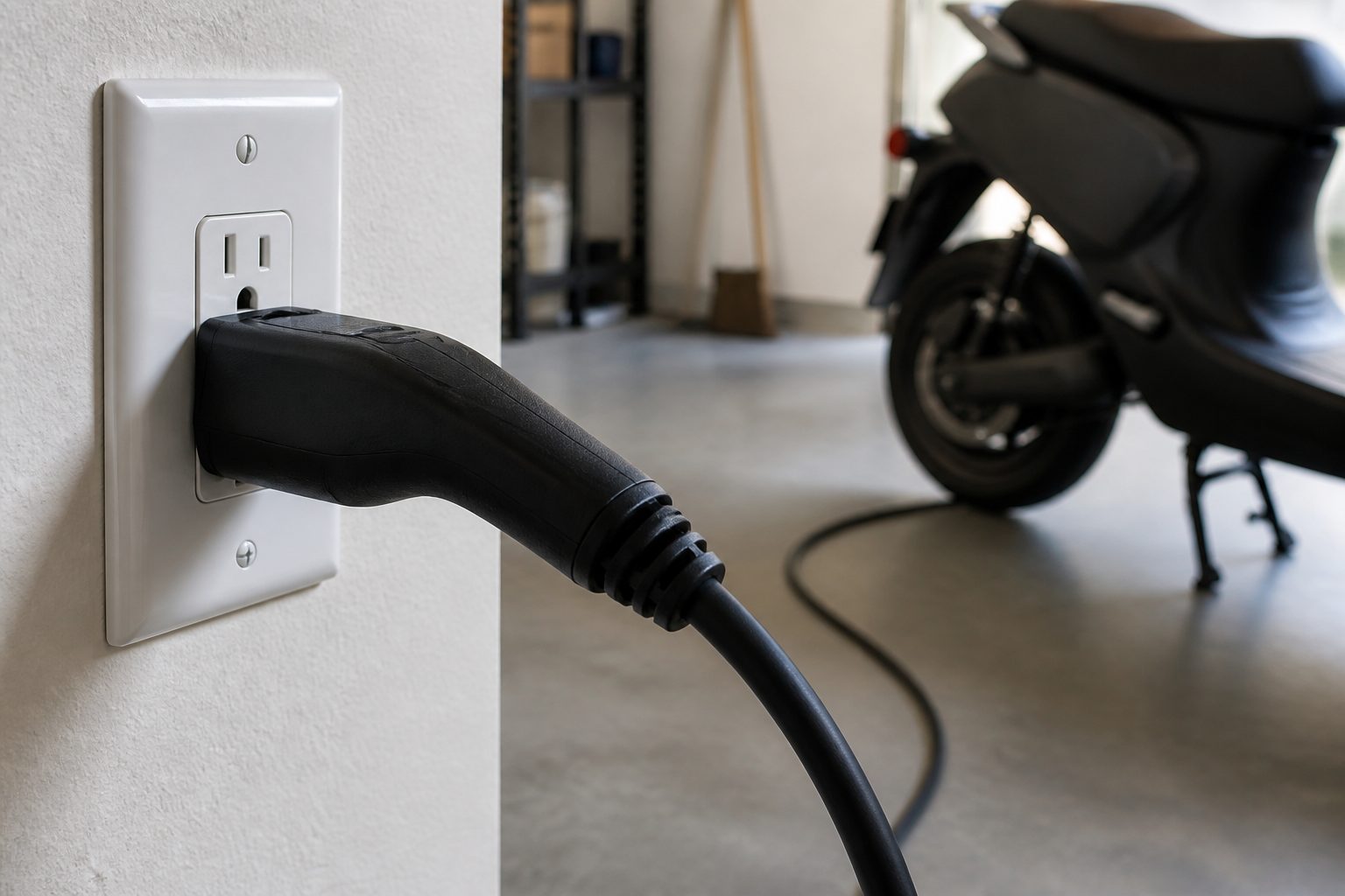 Recharge d'une moto électrique e-roadster sur une prise domestique standard dans un garage
