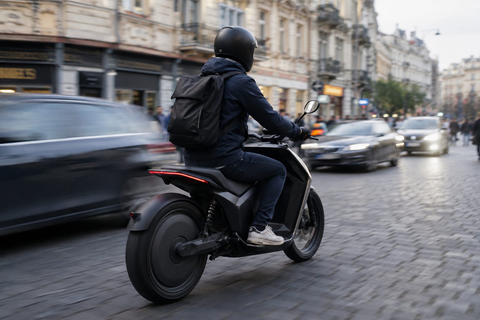 Conducteur circulant en ville sur une moto électrique e-roadster au milieu de la circulation