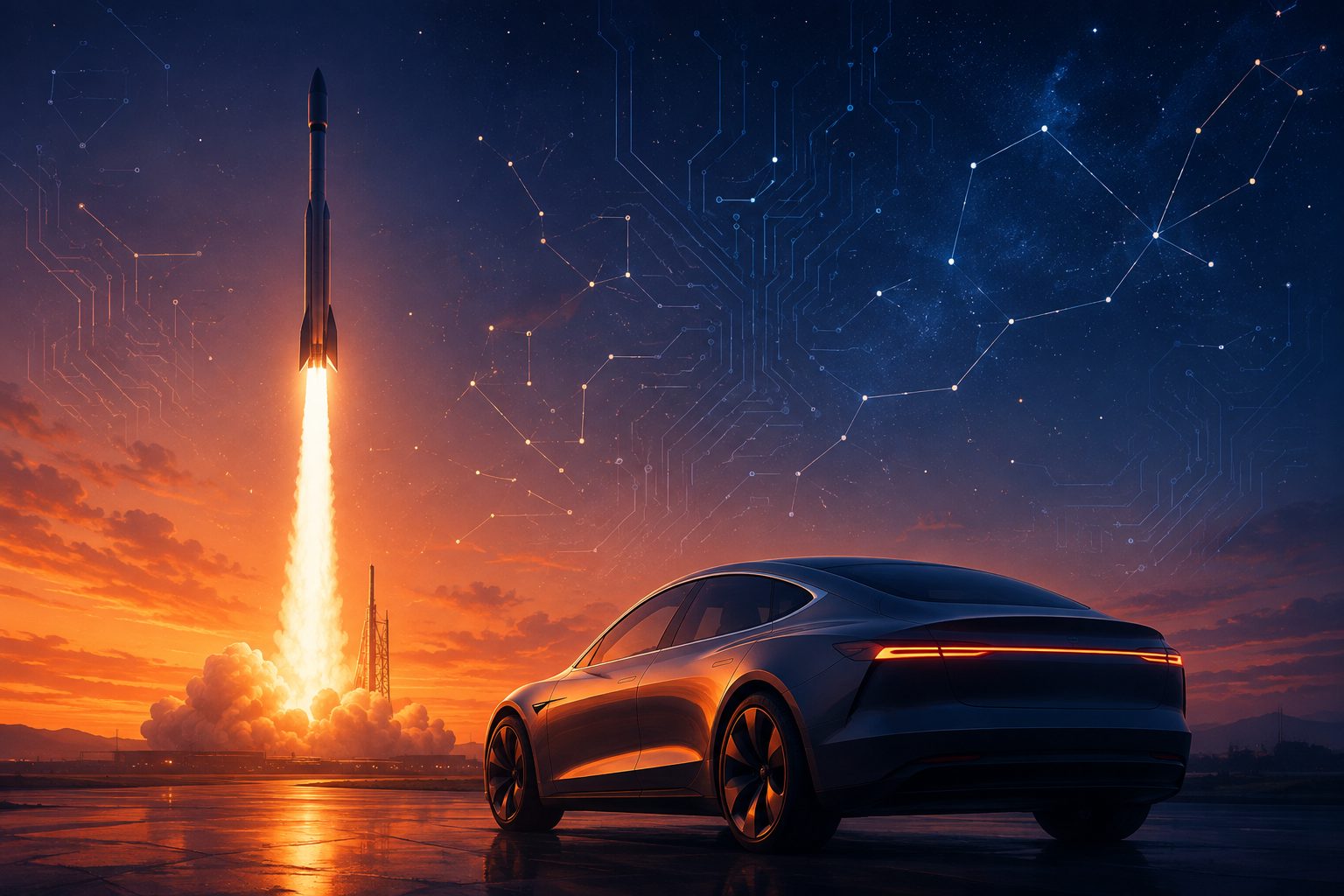 Silhouette d'une fusée décollant au crépuscule à côté d'une voiture électrique moderne, symbolisant l'empire industriel d'Elon Musk