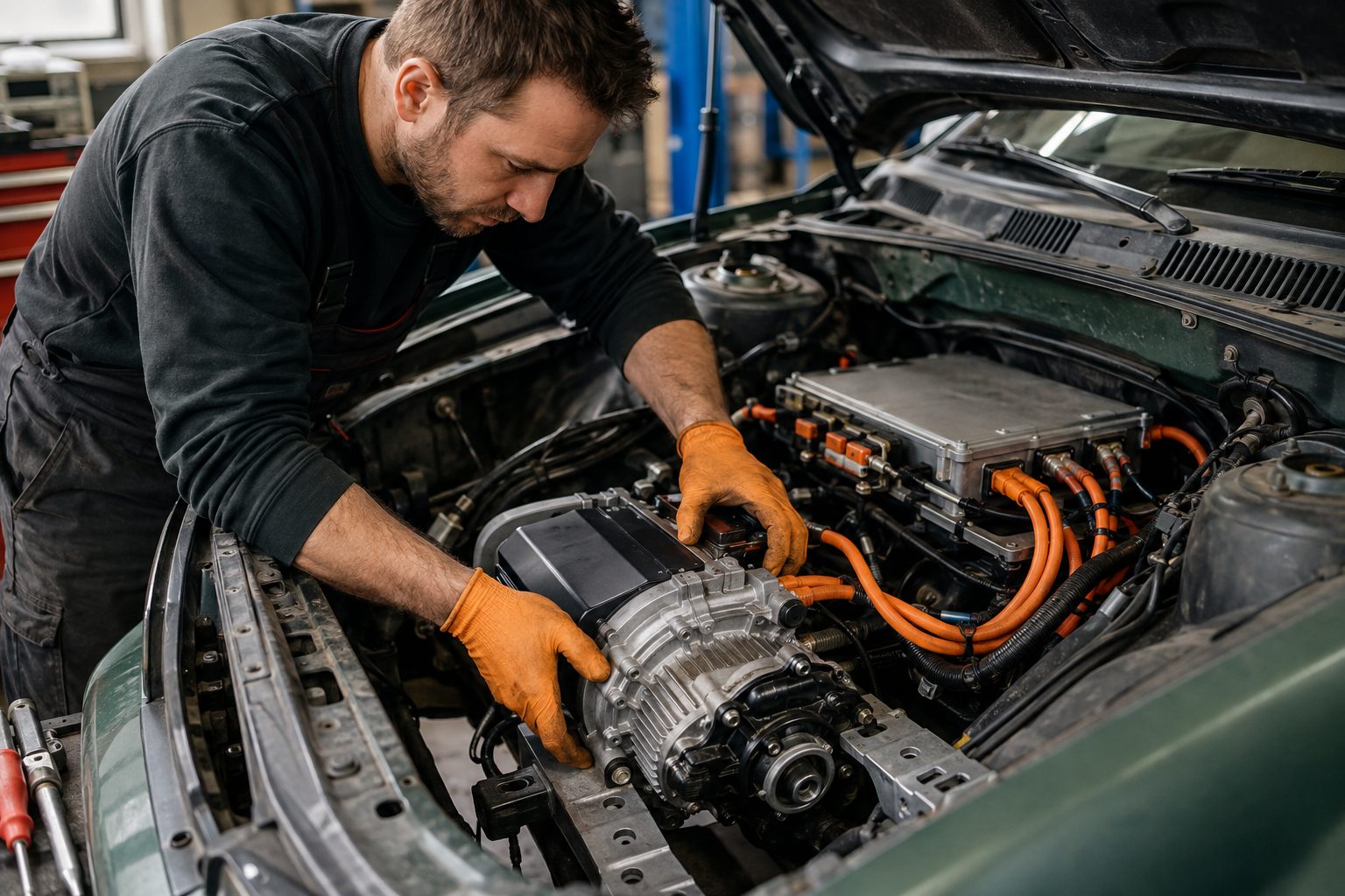 Technicien installant un kit de conversion électrique (moteur et câblage) sur un véhicule thermique en atelier agréé