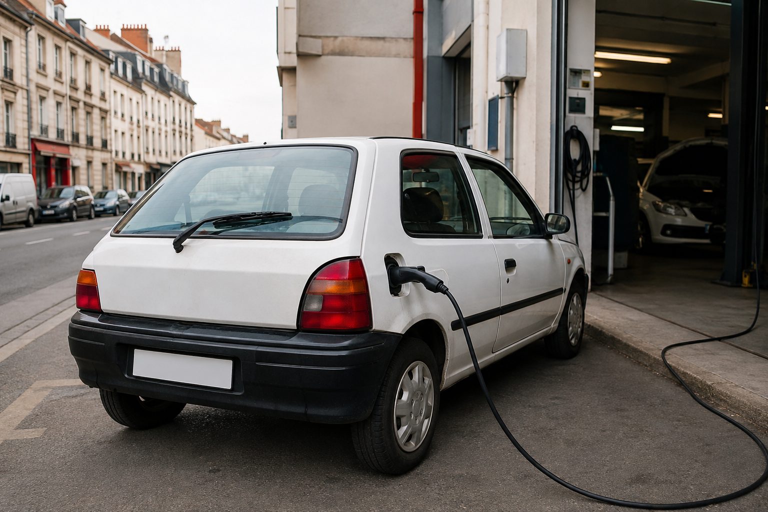 Petite citadine rétrofitée en électrique en charge devant un atelier de conversion agréé