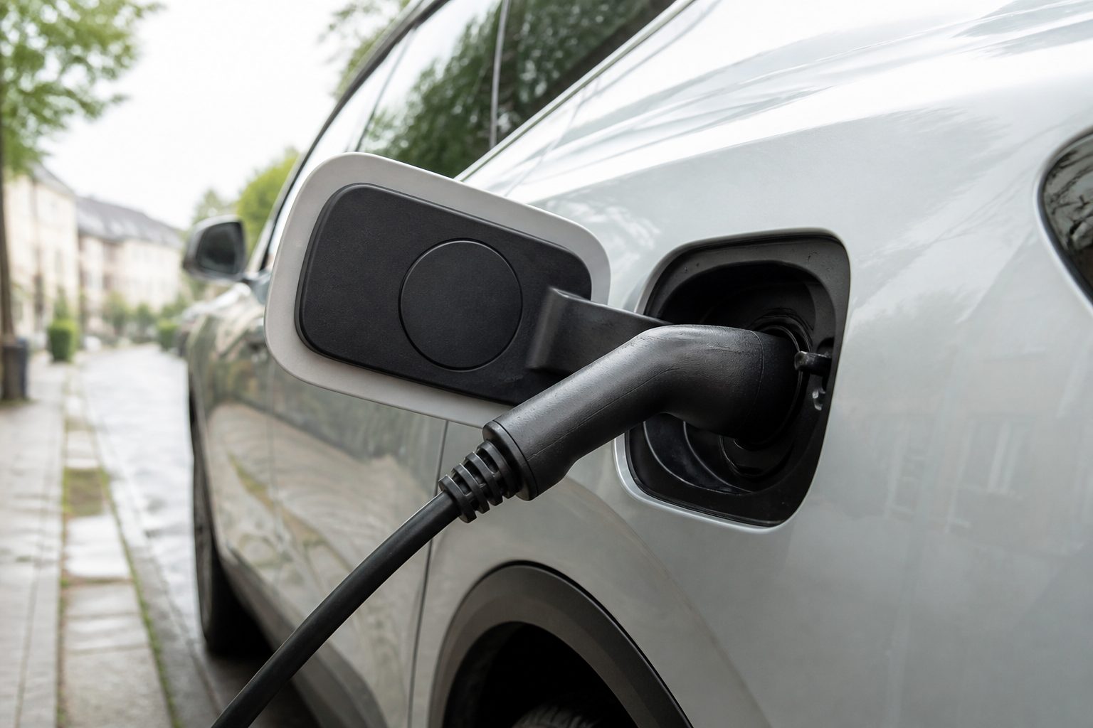 Câble de recharge branché sur une voiture électrique en location