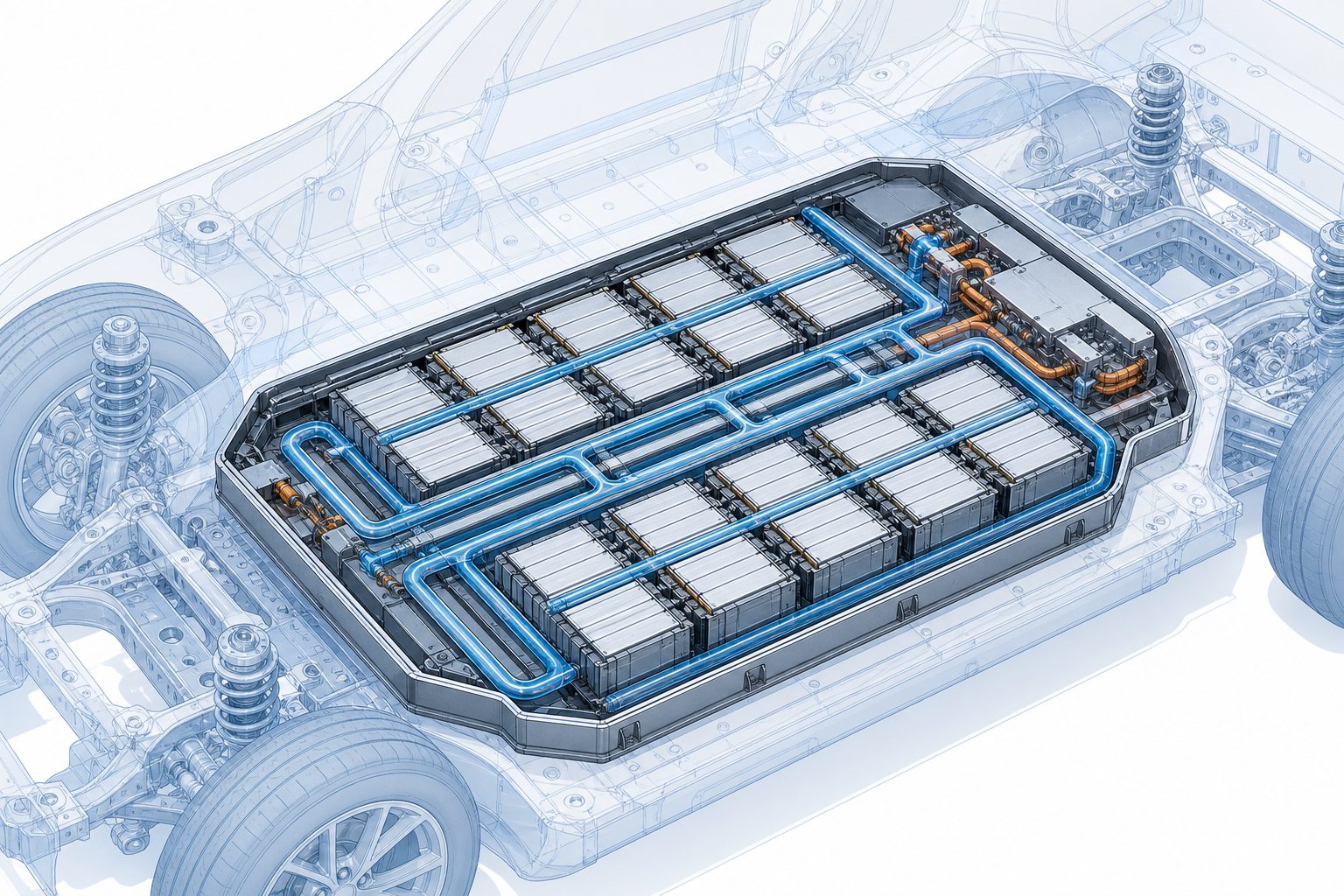 Schéma technique d'un pack de batterie de voiture électrique avec système de refroidissement
