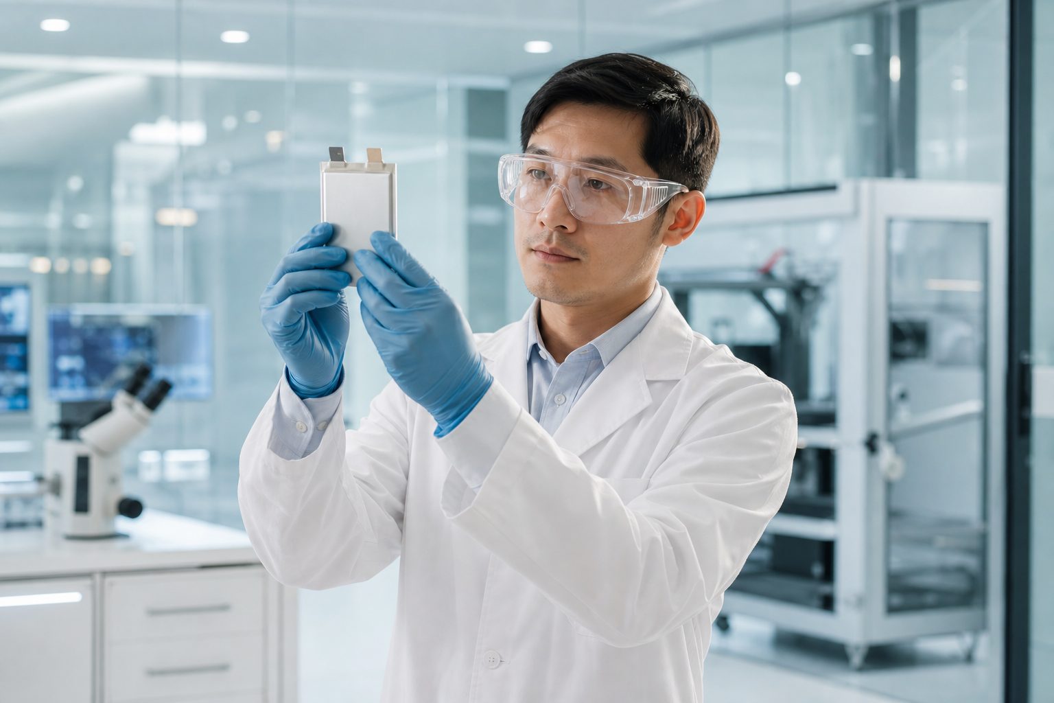 Chercheur examinant un prototype de cellule de batterie en laboratoire